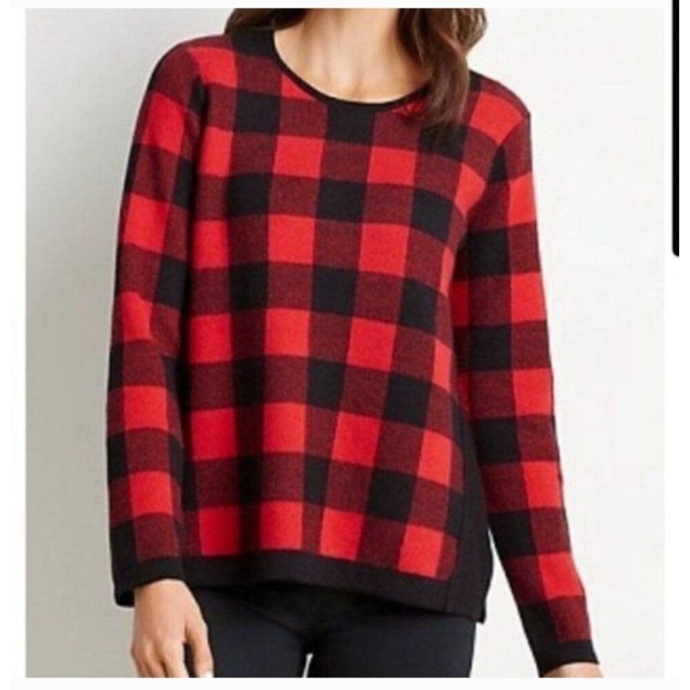 J. Jill Sweater Medium Red & Black Buffalo‎ Plaid Crewneck Long Sleeve Cabincore